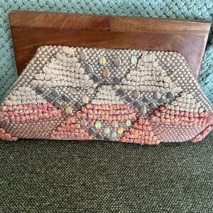 MJ New York Fabulous beaded embroidered clutch with a teak handle
